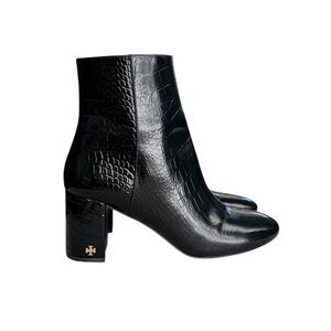 Tory Burch Brooke 70 MM Booties Croc Embosssed Black Ankle Boots